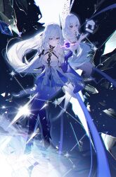 Rule 34 | 2girls, absurdres, aged down, bare shoulders, boots, breasts, closed mouth, commentary, crystal, dress, dual persona, elbow gloves, english commentary, floating hair, full body, genshin impact, glass shards, gloves, glowing, glowing hair, hair between eyes, hand up, high heel boots, high heels, highres, long hair, looking at viewer, medium breasts, multiple girls, object floating above hand, purple boots, purple eyes, purple gloves, skirk (genshin impact), skirk (young) (genshin impact), sky, smile, star (sky), star (symbol), starry sky, thigh boots, very long hair, white dress, white hair, yurun (yurun ume)