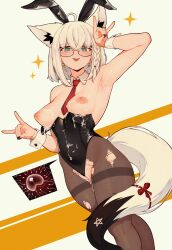 1girl absurdres ahoge animal_ears armpit_focus armpits black-framed_eyewear black_leotard black_nails blue_eyes braid breasts clothing_aside commentary cowboy_shot crossed_bangs cum cum_in_pussy cum_on_armpits cum_on_body cumdrip detached_collar double_fox_shadow_puppet dutch_angle earrings english_commentary fake_animal_ears female_pubic_hair fingernails fox_ears fox_shadow_puppet fox_tail glasses hair_between_eyes hand_up highres hololive jewelry leotard leotard_aside medium_breasts medium_hair necktie open_mouth pantyhose pentagram playboy_bunny presenting_armpit pubic_hair pubic_hair_peek rabbit_ears red_necktie red_ribbon ribbon ring shirakami_fubuki smile solo sparkle sweat tail tongue tongue_out torn_clothes torn_pantyhose varniskarnis virtual_youtuber wedding_ring white_hair white_pubic_hair wrist_cuffs