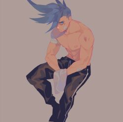 1boy abs bandaged_arm bandages bandaid bandaid_on_cheek bandaid_on_face black_footwear black_pants blood blood_from_mouth blue_eyes blue_hair brown_background bruise bruise_on_arm collarbone commentary english_commentary galo_thymos hair_over_one_eye highres injury looking_at_viewer male_focus mohawk navel nipples pants pectorals promare simple_background sitting solo striped_clothes striped_pants topless_male towel towel_on_arm vertical-striped_clothes vertical-striped_pants vonnabeee