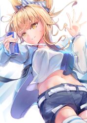 1girl absurdres belt black_shorts blonde_hair blue_jacket blue_shirt breasts commentary_request drink genshin_impact grin hair_ornament highres holding holding_drink hooriyuu jacket lawson long_sleeves looking_at_viewer medium_breasts midriff multicolored_jacket navel official_alternate_costume shirt shorts simple_background smile solo stomach thighhighs two-tone_jacket two-tone_shirt waving white_background white_belt white_jacket white_shirt white_thighhighs yellow_eyes yoimiya_(genshin_impact) yoimiya_(lawson)_(genshin_impact)