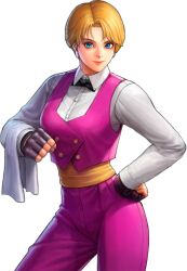 1girl bartender blonde_hair blue_eyes breasts earrings female_focus formal_clothes gloves jacket jewelry king_(snk) leather looking_at_viewer medium_breasts pale_skin pants shirt smile standing suit the_king_of_fighters thick_thighs thighs tuxedo white_shirt wide_hips