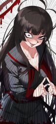 1girl absurdres antenna_hair black_hair black_skirt black_wings blood blood_halo blue_archive blunt_bangs blush breasts cleavage collarbone constricted_pupils emphasis_lines halo highres index_finger_raised index_fingers_together large_breasts liquid_halo long_hair looking_at_viewer maou_(maoudaisukiya) open_mouth pleated_skirt red_eyes school_uniform serafuku shirt simple_background skirt smile solo tongue tongue_out tsurugi_(blue_archive) uneven_eyes very_long_hair white_background wings yami_marik yu-gi-oh! yu-gi-oh!_duel_monsters