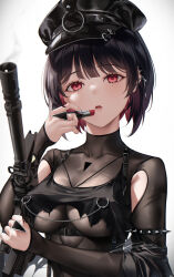 1girl arm_strap armlet armpit_crease armpit_cutout assault_rifle black_hair black_hat black_shirt breast_curtain breasts check_clothing cleavage clothing_cutout clothing_request colored_inner_hair commentary cosmetics covered_collarbone ear_piercing gun hair_between_eyes hat highres holding holding_gun holding_lipstick_tube holding_weapon large_breasts lipstick_tube looking_at_viewer m4_carbine mark_under_both_eyes mhru multicolored_hair nipple_chain nipple_piercing nipple_rings original paid_reward_available parted_lips piercing pink_eyes pink_hair police_hat rail_(weapon) rifle see-through_cleavage see-through_clothes shirt short_hair sidelocks signature smoke smoking_barrel solo spiked_armlet spiked_ear_piercing torn_clothes underboob upper_body weapon white_background