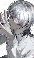 1boy ear_piercing earrings formal_clothes grey_hair hair_between_eyes highres jewelry looking_at_viewer male_focus mole mole_under_eye multicolored_hair original parted_lips piercing red_eyes ring shirt simple_background solo suit teeth two-tone_hair upper_body white_background white_hair white_shirt white_suit yosiedayo