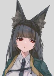 1girl :o absurdres animal_ear_fluff animal_ears black_hair black_necktie fox_ears fox_girl green_jacket highres hime_cut hoshimi_miyabi jacket long_hair looking_to_the_side necktie red_eyes shirt sie_(sieb658_s) simple_background solo white_shirt zenless_zone_zero