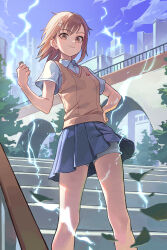 1girl absurdres academy_city brown_eyes brown_hair brown_sweater_vest coin collared_shirt electricity electrokinesis grey_skirt hair_ornament hairpin hand_on_own_hip highres holding holding_coin ksksksa looking_at_viewer medium_hair miniskirt misaka_mikoto outdoors pleated_skirt school_emblem school_uniform shirt short_sleeves shorts shorts_under_skirt skirt smile solo stairs stone_stairs summer_uniform sweater_vest toaru_kagaku_no_railgun toaru_majutsu_no_index tokiwadai_school_uniform v-neck white_shirt
