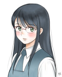 1girl 2013 aoi_hana aoyama_sunao artist_name black_hair blush collared_shirt glasses green_eyes grey_necktie grey_vest highres lips long_hair looking_at_viewer manjoume_fumi necktie nose_blush over-rim_eyewear parted_lips red-framed_eyewear school_uniform semi-rimless_eyewear shirt sidelocks simple_background solo upper_body vest white_shirt