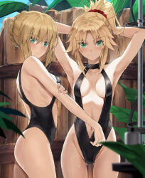 2girls armpits arms_up artoria_pendragon_(fate) bare_shoulders black_one-piece_swimsuit blonde_hair blush braid breasts center_opening closed_mouth crown_braid eyes_visible_through_hair fate/grand_order fate/stay_night fate_(series) gluteal_fold green_eyes halterneck highleg highleg_one-piece_swimsuit highres looking_at_viewer medium_hair mordred_(fate) mother_and_daughter multiple_girls navel official_alternate_costume one-piece_swimsuit outdoors ponytail saber_(fate) shared_bathing short_hair short_ponytail showering small_breasts swimsuit thighs tonee