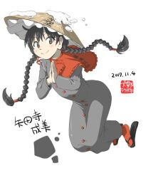 Rule 34 | 1girl, ajirogasa, black hair, braid, character name, dated, dress, grey dress, hat, inuno rakugaki, looking at viewer, one-hour drawing challenge, red socks, smile, snow on headwear, socks, solo, touhou, twin braids, yatadera narumi