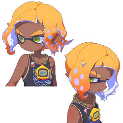 1boy absurdres black_tank_top blonde_hair chain chain_necklace closed_mouth dark-skinned_male dark_skin eyebrow_cut gradient_hair green_eyes highres inkling inkling_boy inkling_player_character jewelry looking_at_viewer male_focus multicolored_hair multiple_views necklace nintendo open_mouth orange_hair pointy_ears short_hair simple_background splatoon_(series) surume01417 tank_top tentacle_hair thick_eyebrows white_background