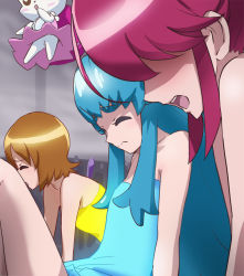 10s 3girls aino_megumi bare_shoulders blue_hair brown_hair closed_eyes happinesscharge_precure! haruyama_kazunori long_hair multiple_girls oomori_yuuko open_mouth precure red_hair ribbon_(happinesscharge_precure!) shirayuki_hime short_hair