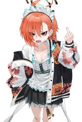 Rule 34 | 1girl, absurdres, ahoge, aqua belt, bandaid, bandaid on leg, belt, belt around waist, black belt, black halo, black jacket, black skirt, blue archive, braid, collarbone, commentary, cowboy, ear piercing, english commentary, fang, floral print, hair between eyes, hair over one eye, halo, hand up, highres, jacket, long sleeves, looking at viewer, maid headdress, middle finger, mole, mole under eye, neru (blue archive), off shoulder, open clothes, open jacket, open mouth, orange hair, piercing, pink nails, pleated skirt, red eyes, shirt, short hair, simple background, skirt, solo, standing, two-tone belt, western, white background, white shirt, yulmu98999