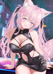 Rule 34 | 1girl, absurdres, animal ears, bare shoulders, black bow, black dress, blush, bow, breasts, cleavage, clothing cutout, dress, fox ears, fox girl, fox tail, hair bow, hakui koyori, highres, hololive, large breasts, long hair, looking at viewer, navel, navel cutout, open mouth, pink hair, purple eyes, smile, solo, tail, twintails, virtual youtuber, wakaunderblade7