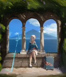1girl animal_hood arch blue_eyes blue_sky cloud dappled_sunlight day elsten expressionless flower gawr_gura gawr_gura_(1st_costume) highres hololive hololive_english hood hoodie ivy looking_to_the_side mountainous_horizon plant polearm rolling_suitcase shadow shark_hood shoes short_twintails sidelocks sitting sky solo stone_floor stone_wall suitcase sunlight trident turning_head twintails virtual_youtuber weapon white_hair white_shoes wide_shot