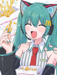 1girl ad animal_ear_hairband animal_ears aqua_eyes aqua_hair bag blush cat_ear_hairband cat_ears collared_shirt copyright_notice detached_sleeves fake_animal_ears food french_fries hair_ornament hairband hamafugu hatsune_miku headset highres holding letter_hair_ornament logo_hair_ornament long_hair mcdonald&#039;s necktie official_art open_mouth paper_bag powder shakacat shake_shake_fries shirt smile solo sparkle striped_clothes striped_shirt twintails very_long_hair vocaloid