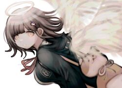 1girl angel animal_bag breasts brown_hair cat_bag danganronpa_(series) danganronpa_2:_goodbye_despair flipped_hair galaga hair_ornament halo ikemen&#039;na_ore-shi jacket large_breasts long_sleeves looking_at_viewer medium_hair nanami_chiaki neck_ribbon open_clothes open_jacket pink_bag pink_eyes pink_ribbon ribbon shirt skirt solo white_shirt wings