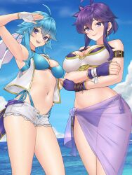 2girls absurdres ahoge arm_up armlet armor armpits beach bikini bikini_armor blue_bikini blue_hair breasts cleavage commission commissioner_upload crossed_arms day earrings fingerless_gloves fire_emblem fire_emblem:_genealogy_of_the_holy_war flower flower_on_head gloves headband highleg highleg_bikini highres if_they_mated igni_tion jacket jewelry larcei_(fire_emblem) looking_at_viewer mother_and_daughter multiple_girls navel nintendo ocean open_fly original purple_eyes purple_hair selia_(mrtalkingdino) short_hair short_shorts shorts side-tie_bikini_bottom sidelocks sleeveless sleeveless_jacket smile stomach swimsuit swimsuit_cover-up thighs tomboy white_headband