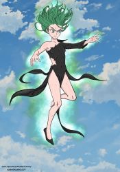 1girl aura barefoot black_dress black_footwear breasts dress green_eyes green_hair high_heels highres nashdnash2007 one-punch_man one_shoe scratches small_breasts tatsumaki torn_clothes twitter_username watermark