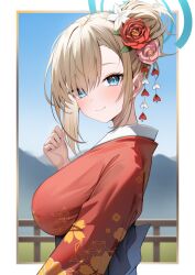 1girl absurdres alternate_costume alternate_hairstyle asuna_(blue_archive) blonde_hair blue_archive blue_eyes blue_sash blush breasts closed_mouth flower from_side hair_bun hair_flower hair_ornament hair_over_one_eye highres japanese_clothes kimono large_breasts looking_at_viewer pink_flower red_flower red_kimono sash shuvi_(shuvi1125) sidelocks smile solo upper_body white_flower