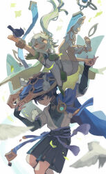 1boy 1girl anemo_symbol_(genshin_impact) animal animal_on_head animal_on_shoulder anklet aqua_gemstone arm_at_side arm_up armlet armor artist_name belt bird bird_on_hand bird_on_head bird_on_shoulder black_belt black_bodysuit black_bow black_bridal_gauntlets black_hair black_shorts bloomers blue_cape blue_hat blue_kimono blue_sleeves blunt_ends blush bodysuit bow bridal_gauntlets cape closed_mouth colored_tips covered_collarbone detached_sleeves dress empty_eyes evercelle expressionless eyelashes facing_up falling_leaves feathers feet_up fingernails furisode gem genshin_impact gold gold_ring gold_trim green_hair green_sleeves grey_eyes hair_ornament hakama hakama_shorts hand_up happy hat highres holding_hands japanese_armor japanese_clothes jewelry jingasa juban kimono kote kurokote layered_sleeves leaf leaf_hair_ornament long_hair looking_at_animal looking_down mandarin_collar middle_ring multicolored_hair nahida_(genshin_impact) on_head open_clothes open_kimono open_mouth outstretched_arm pleated_shorts pointy_ears pom_pom_(clothes) purple_rope purple_sash rope sash scaramouche_(genshin_impact) short_sleeves shorts shoulder_peek side_ponytail sidelocks socks split_mouth stirrup_footwear tassel teeth toenails toes underwear upper_teeth_only vision_(genshin_impact) wanderer_(genshin_impact) white_background white_bloomers white_dress white_hair white_kimono white_sleeves white_socks white_trim yellow_feathers
