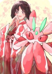 1girl :d black_eyes black_hair e-co erika_(palentine&#039;s_2025)_(pokemon) erika_(pokemon) game_freak gen_7_pokemon japanese_clothes kimono long_sleeves looking_at_viewer lurantis nintendo official_alternate_costume open_mouth pokemon pokemon_(creature) pokemon_masters_ex short_hair smile teeth upper_teeth_only wide_sleeves
