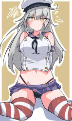 Rule 34 | 1girl, bare shoulders, black neckerchief, black panties, blue sailor collar, blush, breasts, brown eyes, cosplay, crop top, elbow gloves, flying sweatdrops, gangut (kancolle), gloves, grey hair, hair between eyes, hair ornament, hairclip, hat, highleg, highleg panties, highres, kantai collection, large breasts, long hair, looking at viewer, microskirt, midriff, miniskirt, neckerchief, nejirehifumi, panties, pleated skirt, sailor collar, shimakaze (kancolle), shimakaze (kancolle) (cosplay), shirt, sitting, skirt, sleeveless, sleeveless shirt, solo, squiggle, striped clothes, striped thighhighs, sweat, thighhighs, thong, underwear, white gloves, white hat
