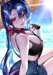 1girl black_gloves blue_hair blush breasts cleavage commentary crop_top day dragon_girl dragon_horns fingerless_gloves from_side gloves hair_between_eyes hat highres horns indie_virtual_youtuber large_breasts long_hair looking_at_viewer looking_to_the_side open_mouth outdoors ringeko-chan solo straw_hat sunlight very_long_hair vienna_(vtuber) virtual_youtuber wide_brim