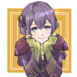 1girl armor bernadetta_von_varley bernadetta_von_varley_(timeskip) blush closed_mouth commentary_request dress fire_emblem fire_emblem:_three_houses gloves head_rest long_sleeves looking_at_viewer nintendo pauldrons purple_dress purple_eyes purple_hair short_hair shoulder_armor smile solo usachu_now yellow_gloves