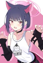 1girl absurdres alternate_costume animal_ears arm_strap black_collar black_gloves blue_archive blush cat_ears collar collarbone colored_inner_hair commentary_request ear_piercing earrings gloves halo highres jewelry kazusa_(blue_archive) kurumi_kororin looking_at_viewer medium_hair military_vehicle motor_vehicle multicolored_hair open_mouth paw_pose piercing pink_background pink_hair pink_halo plaid_clothes purple_hair red_eyes red_skirt sidelocks skirt solo tank tank_top upper_body white_background white_tank_top