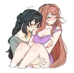 2girls black_hair blue_hair blush brown_hair carrying closed_eyes closed_mouth commentary crossed_arms dashingicecream dress english_commentary grey_nails grey_shirt heart herta_(honkai:_star_rail) honkai:_star_rail honkai_(series) licking_shoulder multicolored_hair multiple_girls one_eye_closed open_mouth princess_carry purple_dress purple_eyes ruan_mei_(honkai:_star_rail) shirt simple_background strap_slip streaked_hair white_background yuri