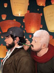 Rule 34 | 2boys, amo (youtian), asgar (youtian), bara, baseball cap, beard, beard stubble, blowing bubbles, blowing in ear, closed eyes, couple, facial hair, from side, full beard, hat, highres, ji peng gou you, lantern, lantern festival, male focus, mature male, multiple boys, muscular, muscular male, mustache, mustache stubble, paper lantern, profile, short hair, sky lantern, soap bubbles, stubble, thick eyebrows, upper body, youtian (youtiange)