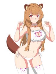 1girl absurdres animal_ear_fluff animal_ear_legwear animal_ears artist_request asymmetrical_legwear bare_shoulders bell blunt_bangs blush bra brown_hair cat_cutout cat_ear_legwear cat_ear_panties cat_lingerie claw_pose cleavage_cutout clothing_cutout collar collarbone cowboy_shot frilled_bra frills frown groin highres jingle_bell long_hair looking_at_viewer meme_attire metal_hair_tubes navel neck_bell panties raccoon_ears raccoon_girl raccoon_tail raphtalia red_eyes side-tie_panties simple_background solo standing stomach tail tate_no_yuusha_no_nariagari thighhighs transparent_background underwear variant_set white_bra white_collar white_panties white_thighhighs