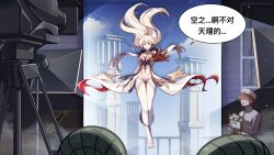 1boy 1girl asmoday_(genshin_impact) asmoday_(genshin_impact)_(cosplay) blonde_hair captain_(honkai_impact) chinese_text cosplay dress electric_fan floating genshin_impact gloves hat highres honkai_(series) honkai_impact_3rd kiana_kaslana kiana_kaslana_(herrscher_of_the_void) kugimiya_rie light long_hair mihoyo military_uniform movie_camera naval_uniform orange_gloves recording red_hair speech_bubble translation_request voice_actor_connection white_dress white_hair white_hat xinzhizhu