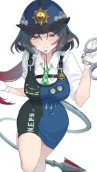 1girl animal_ears black_hair blowing_whistle blue_hat breasts checkered_necktie collared_shirt cuffs dress gloves green_eyes hat highres jane_doe_(zenless_zone_zero) large_breasts long_hair looking_at_viewer mouse_ears mouse_girl mouse_tail necktie pencil_dress police police_badge police_uniform ruaruayana sharp_tail shirt sitting smile tail white_gloves white_shirt zenless_zone_zero