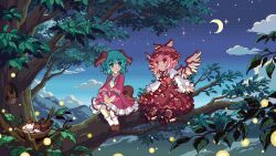 2girls animal_ears bird bird_ears bird_wings black_shoes brown_dress brown_eyes brown_hat brown_socks bug cloud crescent_moon dog_ears dog_tail dress firefly game_cg green_eyes green_hair hat in_tree insect juliet_sleeves kasodani_kyouko kumio loafers long_sleeves medium_hair moon mountain multiple_girls mystia_lorelei night open_mouth pink_dress pink_hair pixel_art puffy_sleeves shirt shoes sitting sitting_in_tree sky socks sparrow squirrel star_(sky) starry_sky tail third-party_source touhou touhou_mystia&#039;s_izakaya tree variant_set white_shirt white_socks winged_hat wings