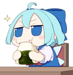 1girl absurdres ahoge blue_bow blue_dress blue_eyes blush_stickers bow bowtie chair cirno commentary dress eating food fumo_(doll) hair_bow highres holding holding_food ice ice_wings kame_(kamepan44231) onigiri pinafore_dress red_bow red_bowtie shirt short_sleeves simple_background sleeveless sleeveless_dress solo sparkle table touhou upper_body white_background white_shirt wings