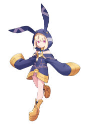 1girl azure_striker_gunvolt azure_striker_gunvolt_3 bare_shoulders black_hood black_shirt blonde_hair full_body highres hood hood_up layla_(gunvolt) off-shoulder_shirt off_shoulder official_art purple_eyes shirt short_hair simple_background sleeves_past_wrists solo very_long_sleeves white_background