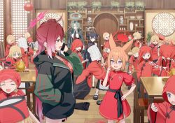 6+girls animal_ears black_dress black_jacket black_skirt blonde_hair blue_archive blue_eyes blush braid braided_hair_rings butterfly_hair_ornament cellphone china_dress chinese_clothes closed_eyes double_bun dress eyewear_on_head floral_print forehead fox_ears fox_girl green_halo green_jacket grey_eyes grey_halo hair_between_eyes hair_bun hair_ornament hair_rings halo hand_in_pocket hat high-waist_skirt highres holding holding_phone jacket jacket_on_shoulders kisaki_(blue_archive) long_hair looking_at_another mina_(blue_archive) multiple_girls non-web_source official_alternate_costume official_alternate_hairstyle official_art open_mouth phone pink_halo purple_eyes red_dress red_eyes red_halo red_hat reijo_(blue_archive) rumi_(blue_archive) rumi_(small)_(blue_archive) shirt short_sleeves sidelocks single_side_bun skirt sleeveless sleeveless_dress smartphone sunglasses sweat twintails white_shirt