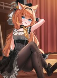 1girl :d absurdres animal_ears arm_behind_back arm_behind_head black_dress black_hairband black_hat blue_archive blue_eyes breasts crossed_legs curtains dress foot_out_of_frame hair_between_eyes hairband hat highres indoors knees_up legs long_hair looking_at_viewer mari_(blue_archive) mari_(idol)_(blue_archive) namoho82 no_shoes official_alternate_costume open_mouth orange_hair pantyhose sitting sleeveless sleeveless_dress small_breasts smile soles solo stage stage_curtains toes two-tone_dress very_long_hair