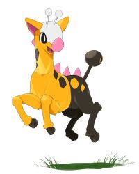 :d black_eyes bright_pupils commentary_request full_body gen_2_pokemon girafarig grass happy jumping looking_down miyawaki nintendo no_humans open_mouth pokemon pokemon_(creature) pokemon_focus smile solo white_background white_pupils