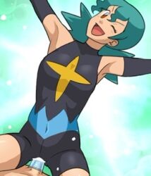 1boy 1girl aged_down armpits ass clothed_sex condom green_hair hetero jenny_(pokemon) konomiminoko long_glove marble_(pokemon) navel nintendo one_eye_closed piercing piercing_through_clothes pokemon pokemon_(anime) pokemon_dp059 pokemon_dppt_(anime) sex skin_tight smile spandex wink