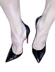 1girl absurdres arme_(pixiv_41362141) black_shoes commentary feet foot_focus high_heels highres original shoes simple_background socks solo white_background white_socks