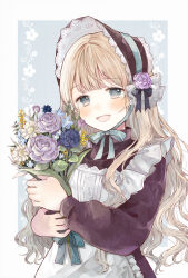 1girl :d apron black_dress black_hair blonde_hair blue_bow blue_flower blue_hair blush bonnet bouquet bow chin_strap collared_dress commentary_request cowboy_shot dress flower frilled_apron frilled_hat frills hair_over_shoulder hat hat_flower highres holding holding_bouquet long_hair long_sleeves looking_at_viewer open_mouth original puffy_long_sleeves puffy_sleeves purple_flower purple_rose rose smile solo tententuyu wavy_hair white_apron