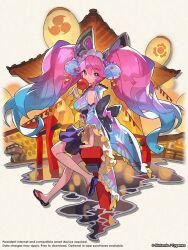 1girl bare_shoulders blue_dress blue_hair breasts candy_apple cleo_(dragalia_lost) cleo_(yukata)_(dragalia_lost) detached_sleeves dragalia_lost dress food gradient_hair japanese_clothes lantern large_breasts long_hair multicolored_hair official_art paper_lantern pink_eyes pink_hair saitou_naoki sandals sitting solo very_long_hair