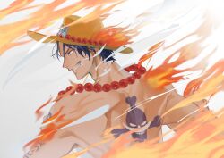 1boy arm_tattoo back back_tattoo commentary_request fire freckles gunjo_shizuko hat highres jewelry jolly_roger male_focus necklace one_piece orange_hat pearl_necklace portgas_d._ace short_hair smile smoke solo tattoo topless_male whitebeard_pirates_jolly_roger