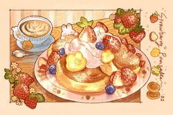 ^_^ animal-themed_food banana banana_slice blueberry blush_stickers border brown_border closed_eyes coffee commentary cup english_commentary english_text flower food food_focus fruit highres leaf light_particles nao_(bestrollever) no_humans original outside_border pancake plate rabbit saucer sparkle strawberry strawberry_slice table teacup teaspoon undersized_animal whipped_cream white_flower wooden_table