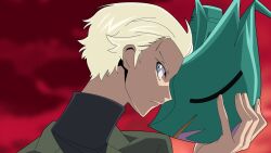 Rule 34 | 1boy, absurdres, blonde hair, blue eyes, char aznable, code geass, company connection, elmeth, green jacket, gundam, gundam gquuuuuux, highres, holding, holding mask, jacket, long sleeves, looking at viewer, male focus, mask, reprilo channel, scene reference, shirouzu (gundam), shirt, short hair, sunrise (company), sunset, turtleneck