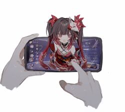 1girl 1other :d bare_shoulders bell black_choker black_sash brown_hair butterfly-shaped_pupils choker criss-cross_halter disembodied_hand flower_tattoo fourth_wall fox_mask halterneck highres honkai:_star_rail honkai_(series) inagoinaire long_hair looking_at_viewer mark_under_both_eyes mask mask_on_head nail_polish neck_bell open_mouth pink_eyes red_nails red_sleeves sash simple_background smile sparkle_(honkai:_star_rail) symbol-shaped_pupils tattoo through_medium through_screen twintails very_long_hair white_background