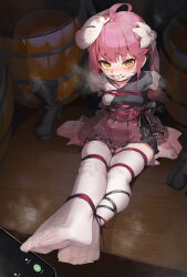 1girl absurdres aiza-ku arms_behind_back bdsm bondage boots bound cellphone cleave_gag cloth_gag feet flower foot_focus fox_mask gag gagged hair_flower hair_ornament highres improvised_gag incoming_call indoors japanese_clothes mask obi original phone red_hair sash shibari side_ponytail smartphone soles thighhighs unworn_boots white_thighhighs wooden_floor yellow_eyes