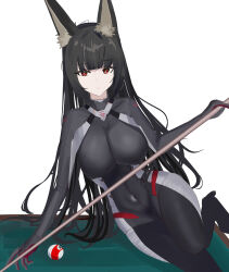 1girl absurdres animal_ear_fluff animal_ears black_bodysuit blunt_bangs bodysuit closed_mouth commentary_request covered_navel cue_stick fox_ears fox_girl highres holding holding_pole hoshimi_miyabi looking_at_viewer mikuning on_table pole red_eyes red_hair solo table zenless_zone_zero